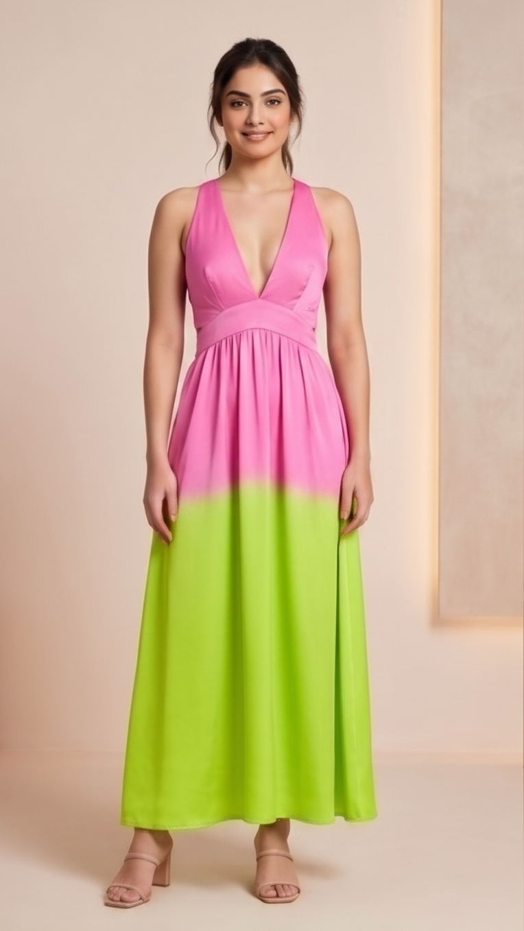Woman wearing a pink and green dress against a beige background
