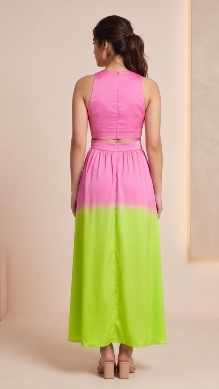 Woman wearing a pink and green dress against a beige background