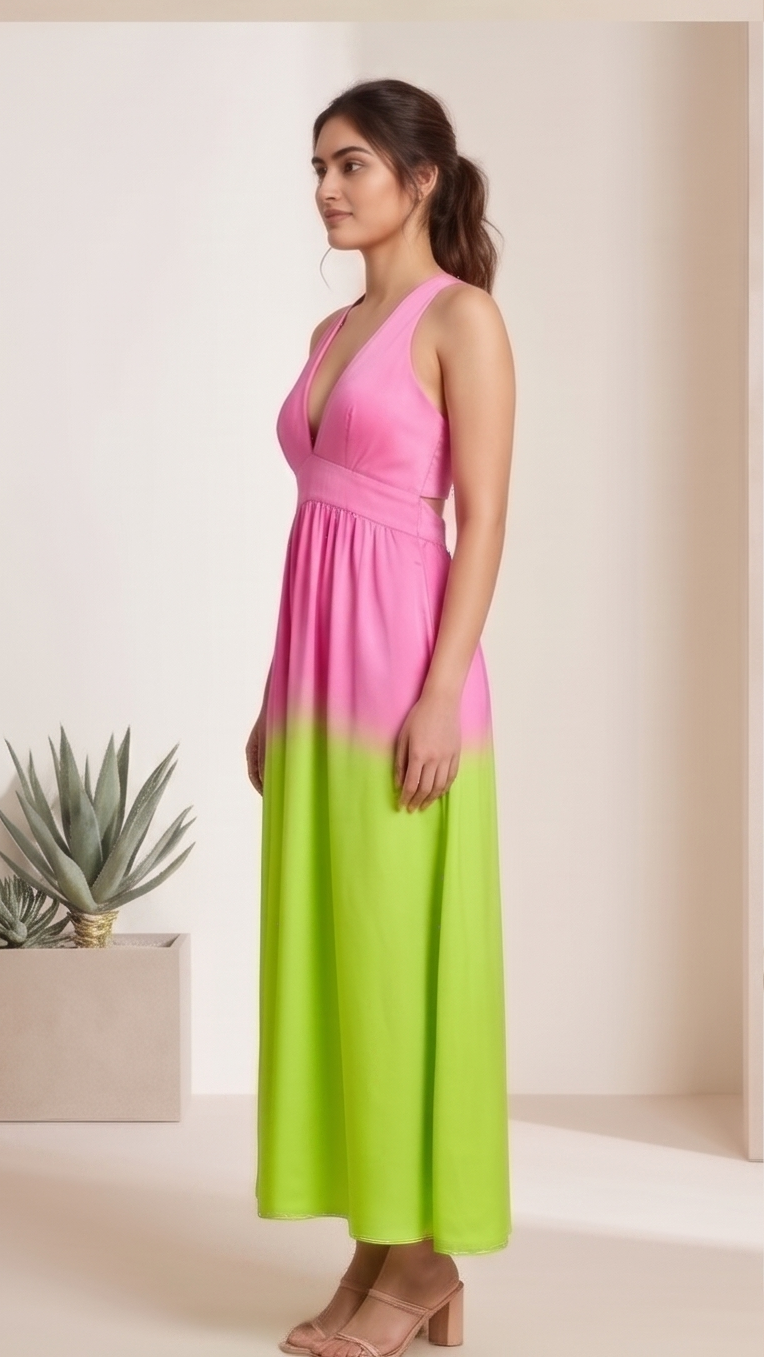 Woman wearing a pink and green dress standing in a minimalistic room.
