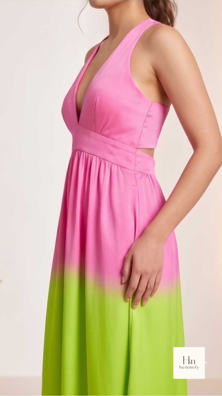 Pink and green dress with a brand logo in the corner