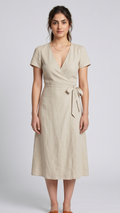 Woman wearing a beige wrap dress on a white background