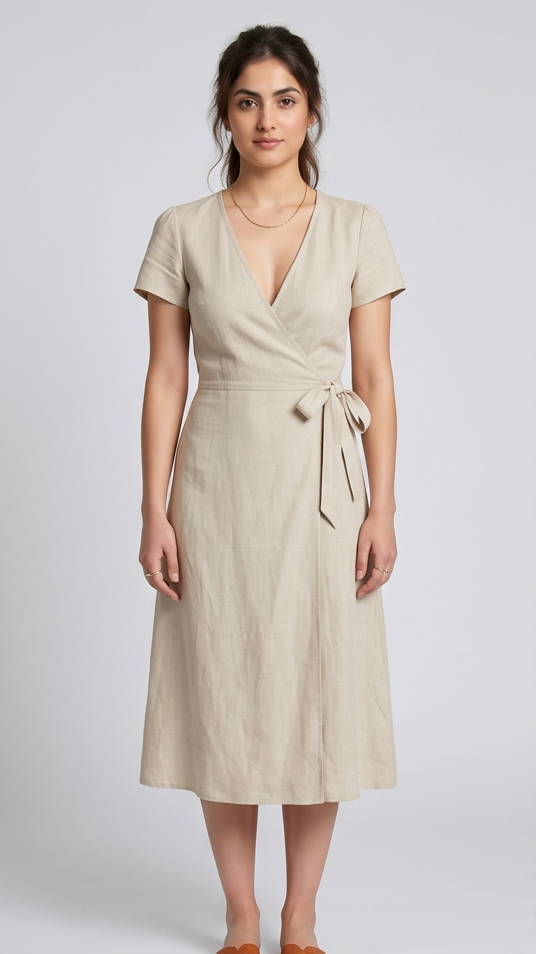 Woman wearing a beige wrap dress on a white background