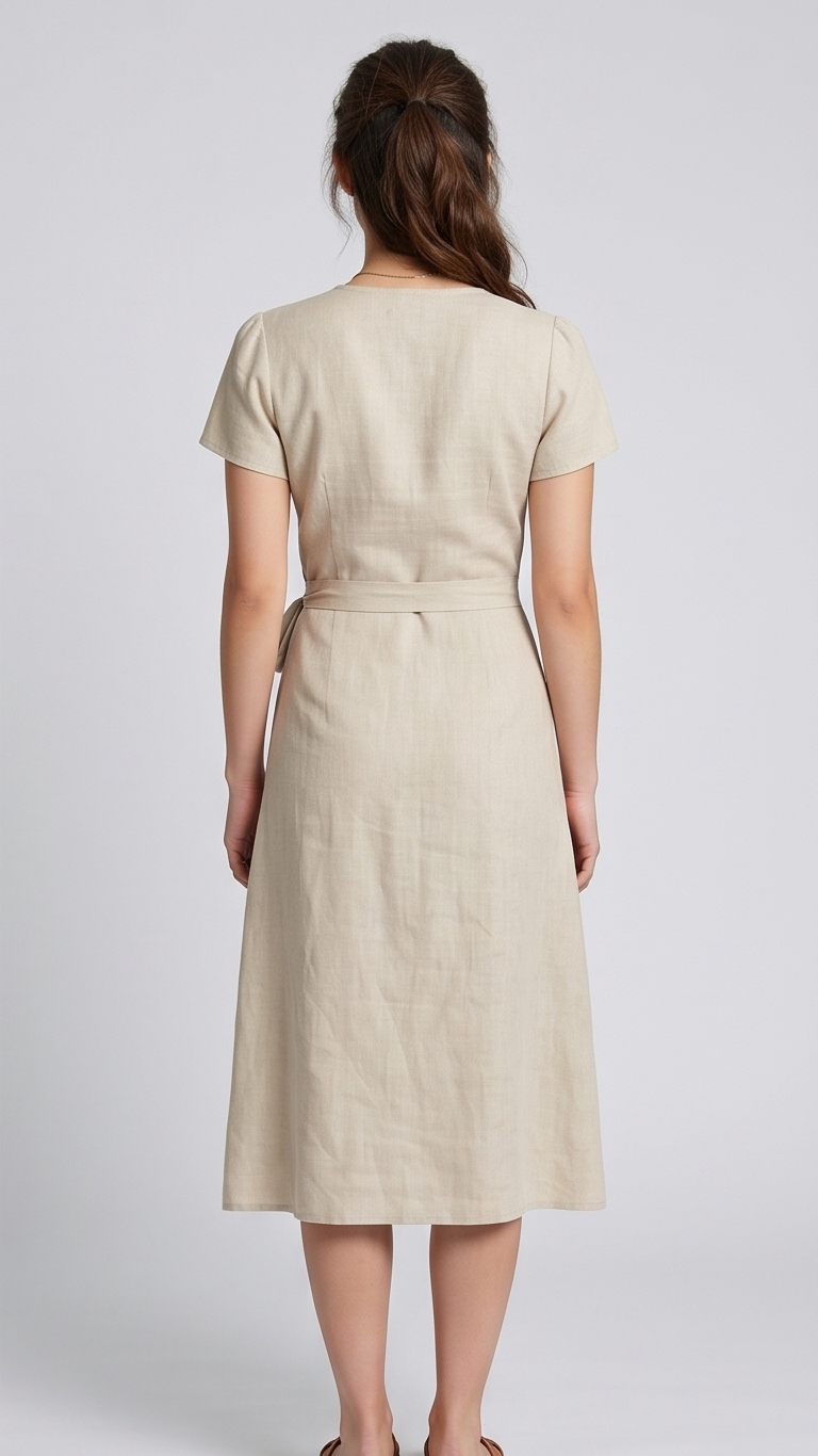 Woman wearing a beige dress against a white background