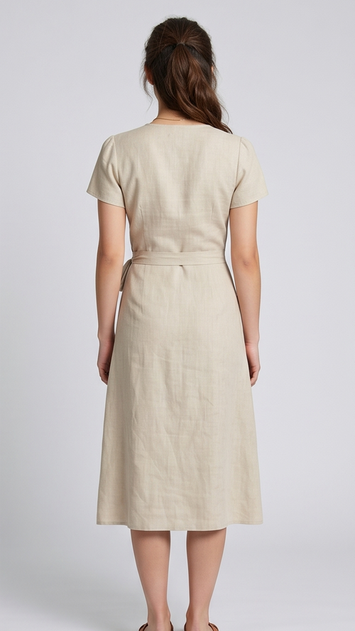 Woman wearing a beige dress against a white background