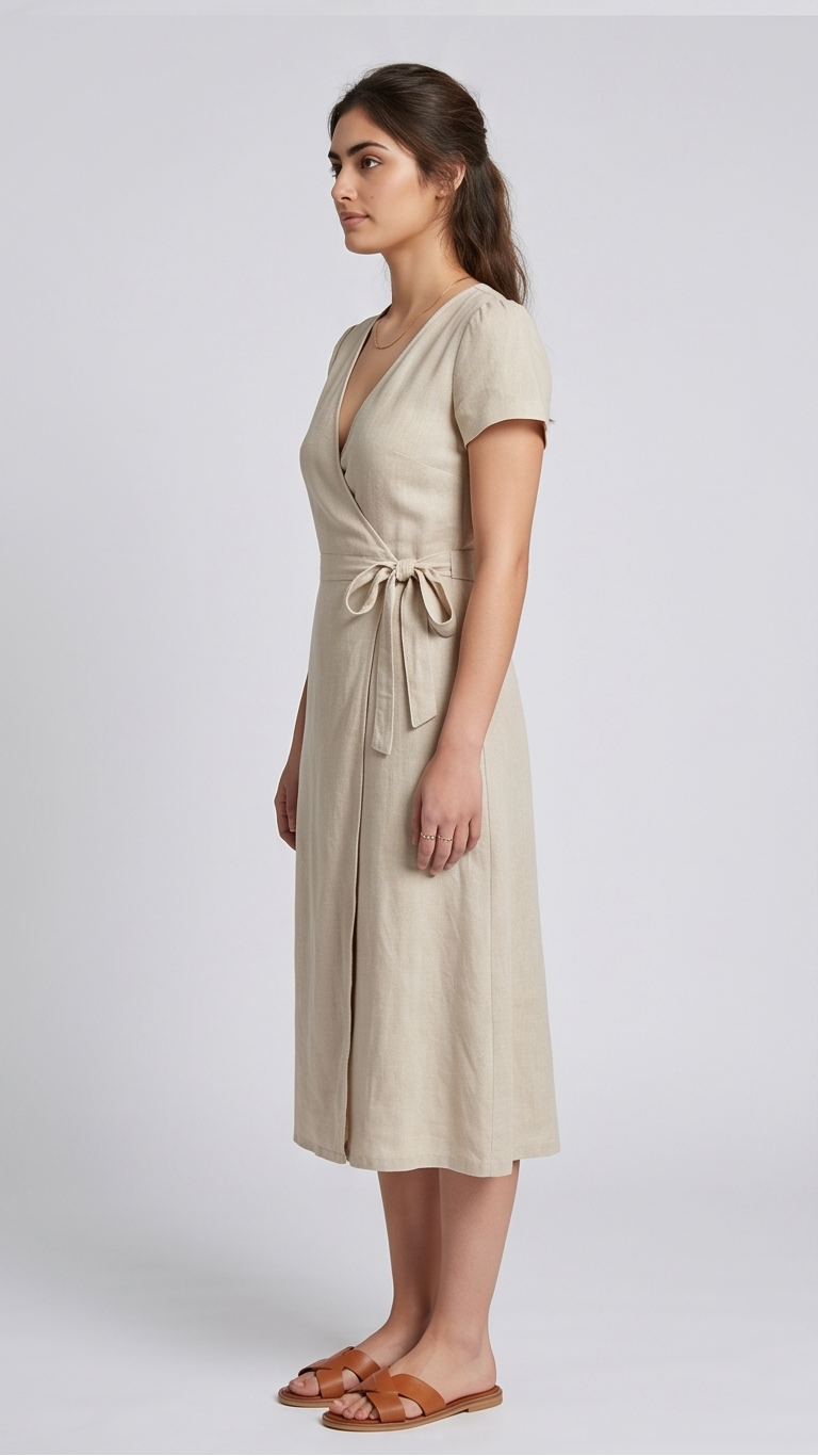 Woman wearing a beige wrap dress on a white background