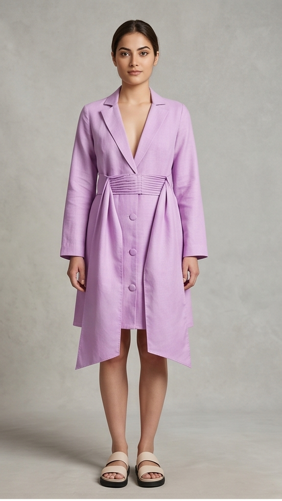 Woman wearing a light purple trench coat against a plain background