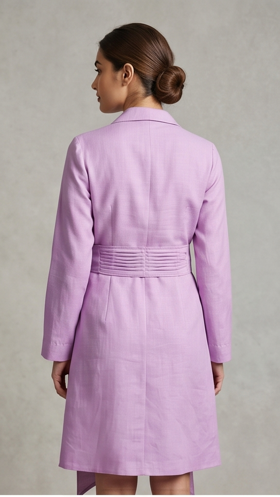 Woman wearing a light purple coat against a plain background