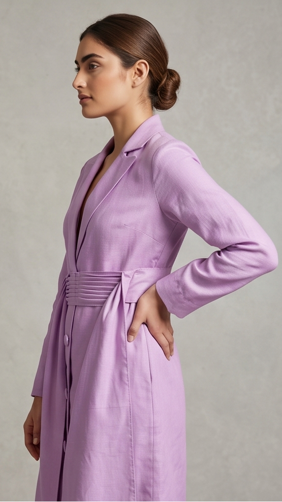 Woman wearing a purple robe against a gray background
