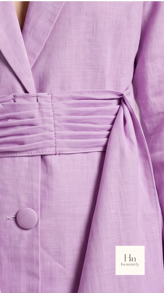 Close-up of a lavender blazer with a belt and button, featuring the brand 'Hin' in the corner.