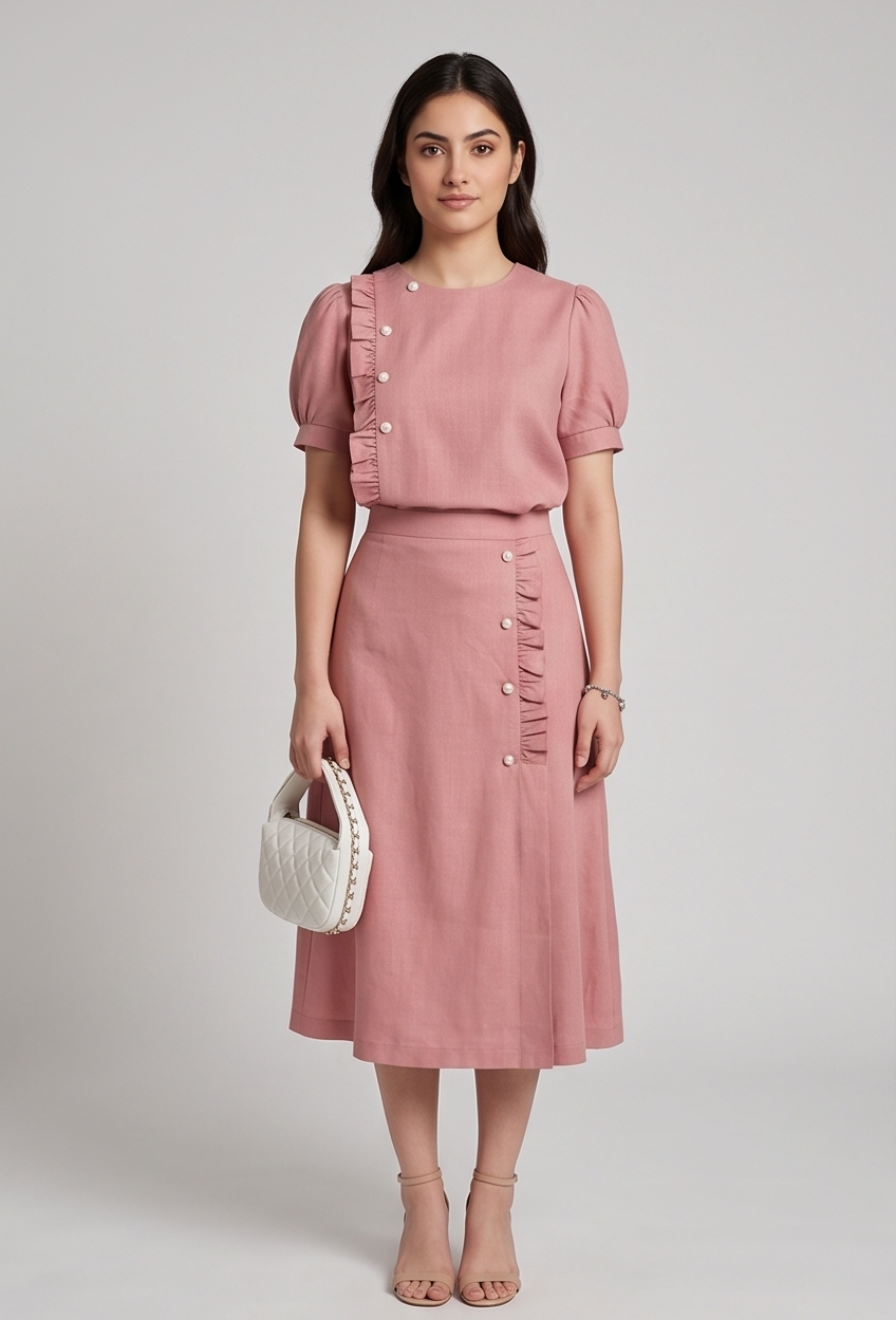 Elegant Asymmetric Ruffle Two-Piece Midi Set