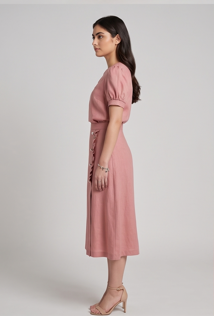Woman wearing a pink dress with a belt on a plain background