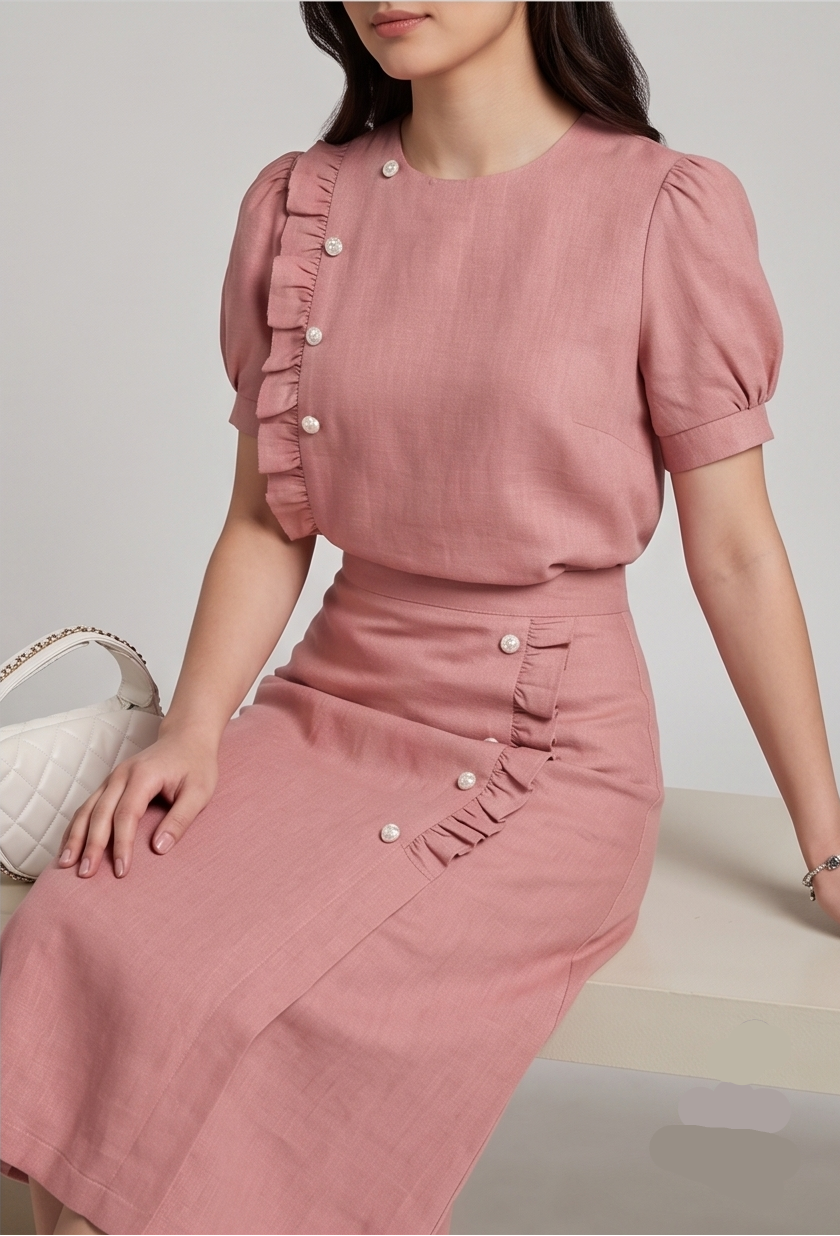 Woman wearing a pink dress with ruffled sleeves and buttons on a neutral background