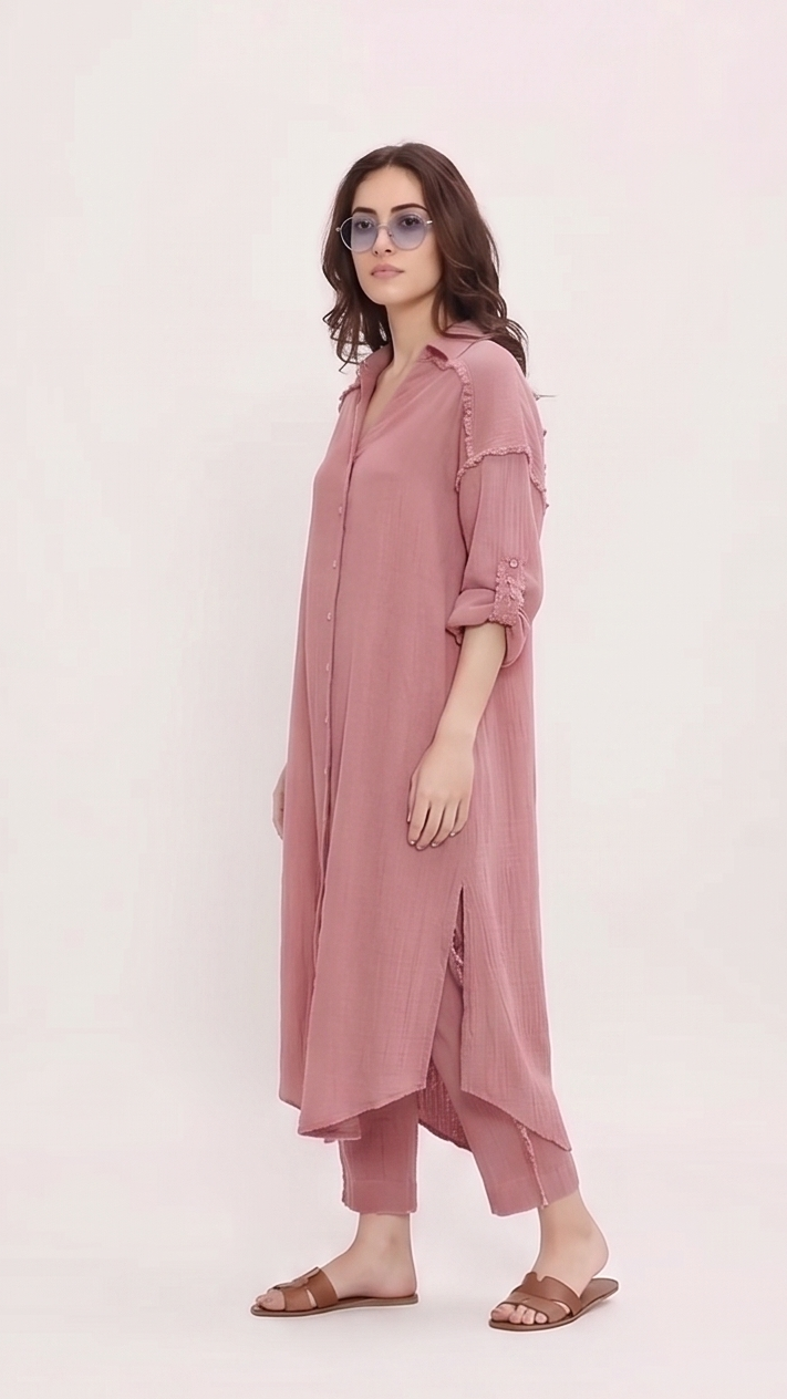 Woman wearing a long pink dress with a plain white background