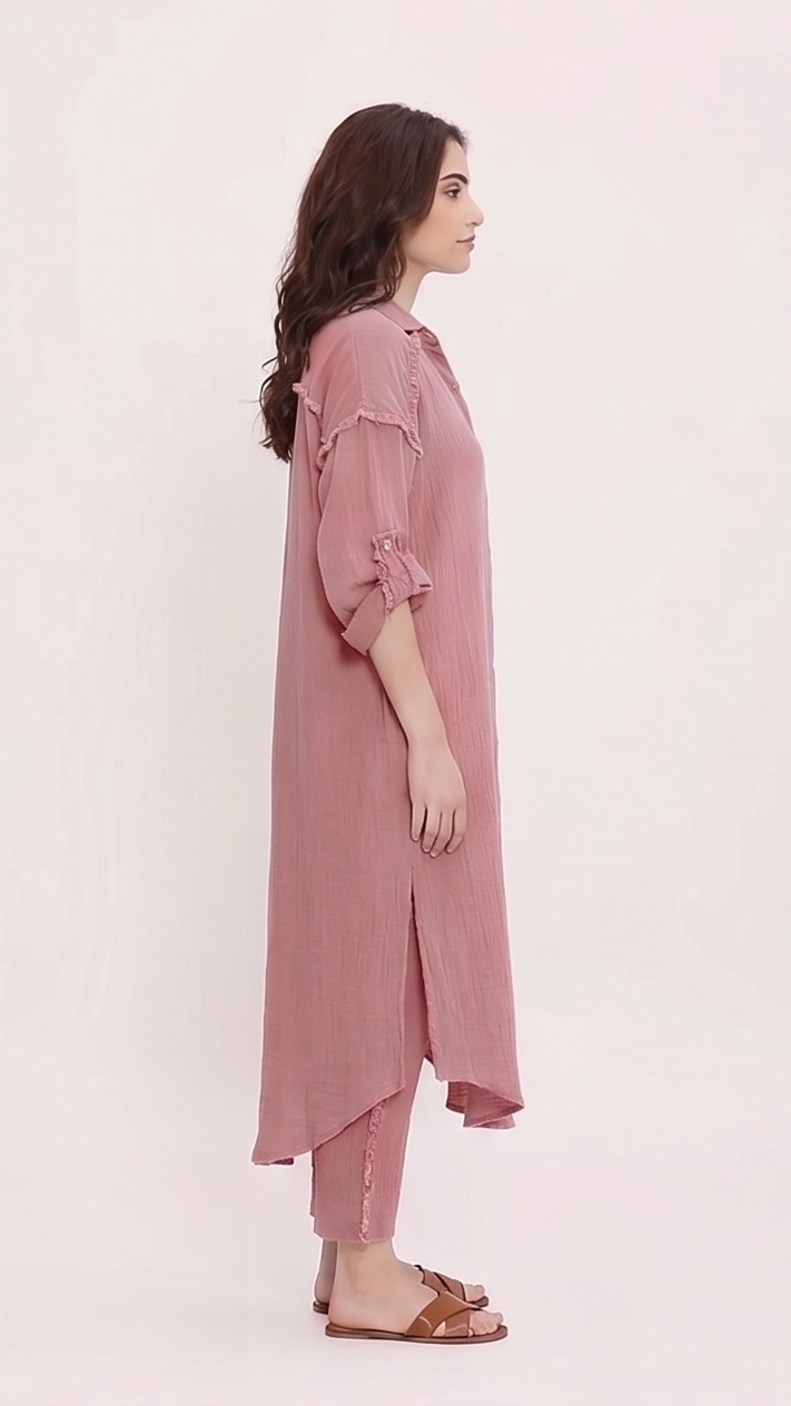 Woman wearing a pink dress on a white background