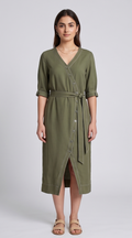 Classic Button-Front Midi Dress with Contrast Stitching and Tie Belt