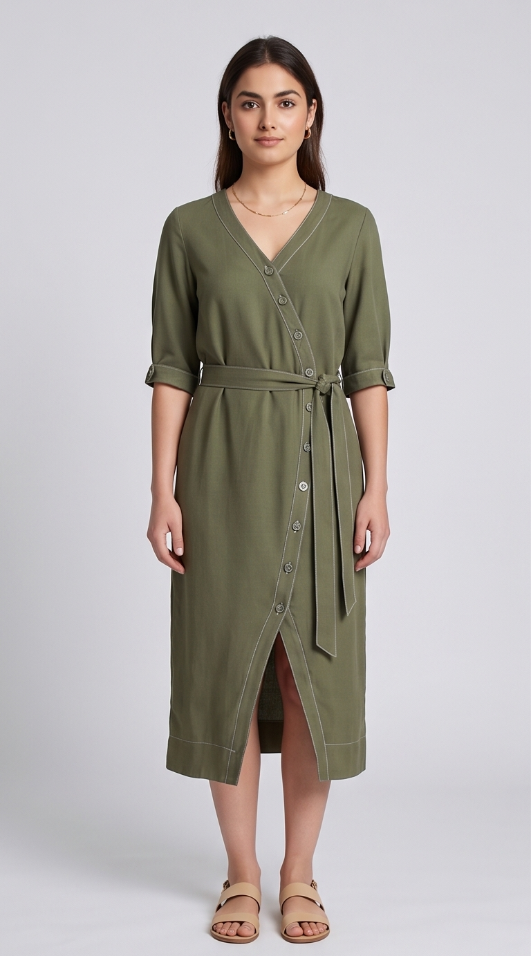 Classic Button-Front Midi Dress with Contrast Stitching and Tie Belt