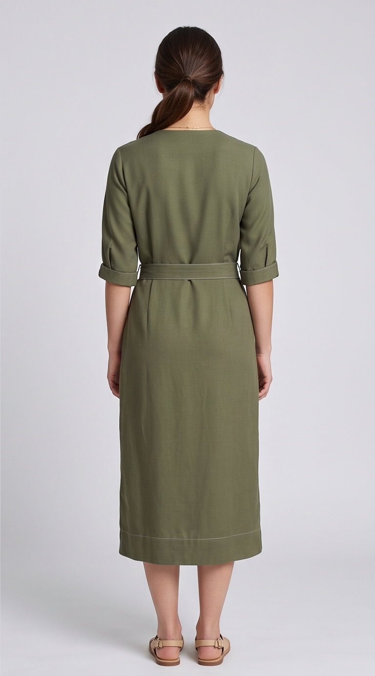 Classic Button-Front Midi Dress with Contrast Stitching and Tie Belt
