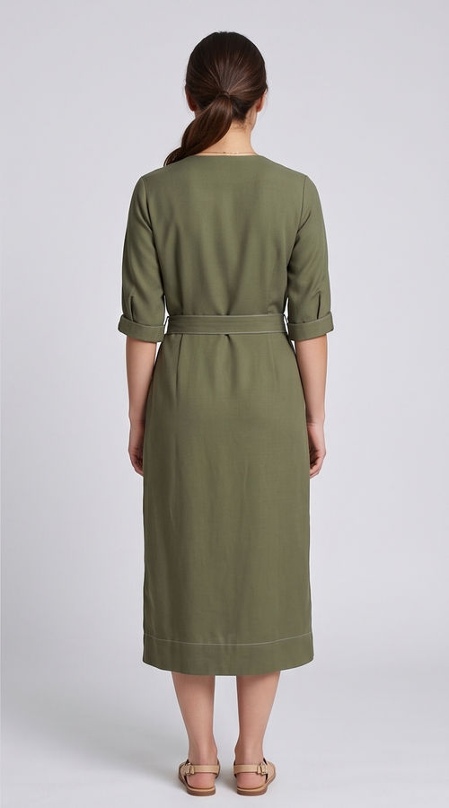 Classic Button-Front Midi Dress with Contrast Stitching and Tie Belt