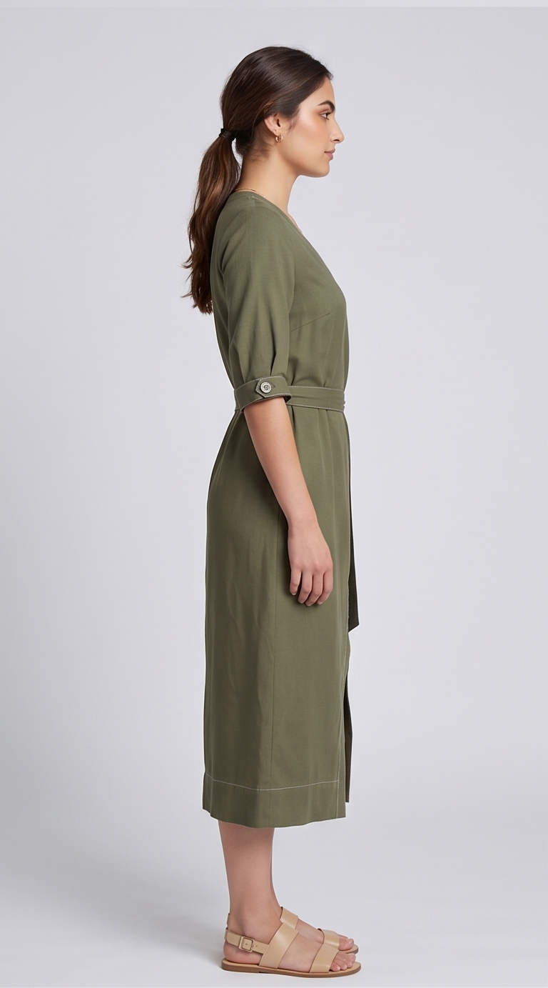Classic Button-Front Midi Dress with Contrast Stitching and Tie Belt