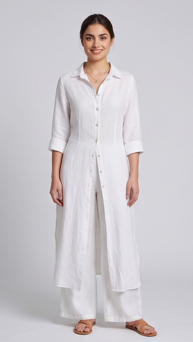 Woman wearing a white long shirt dress on a plain background