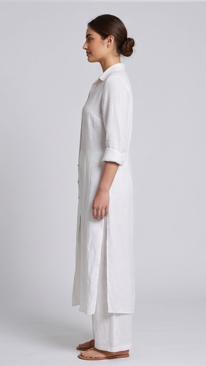 Woman wearing a white outfit on a plain background
