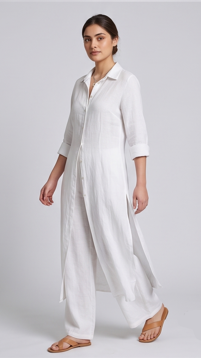Woman wearing a white shirt and wide-leg pants 
