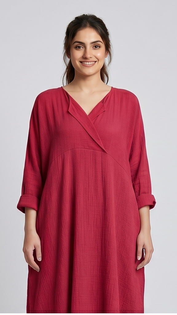 Woman wearing a red dress on a plain background