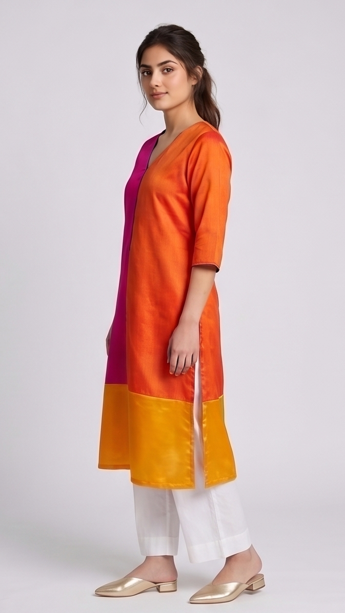 Woman wearing a colorful kurta with a plain background