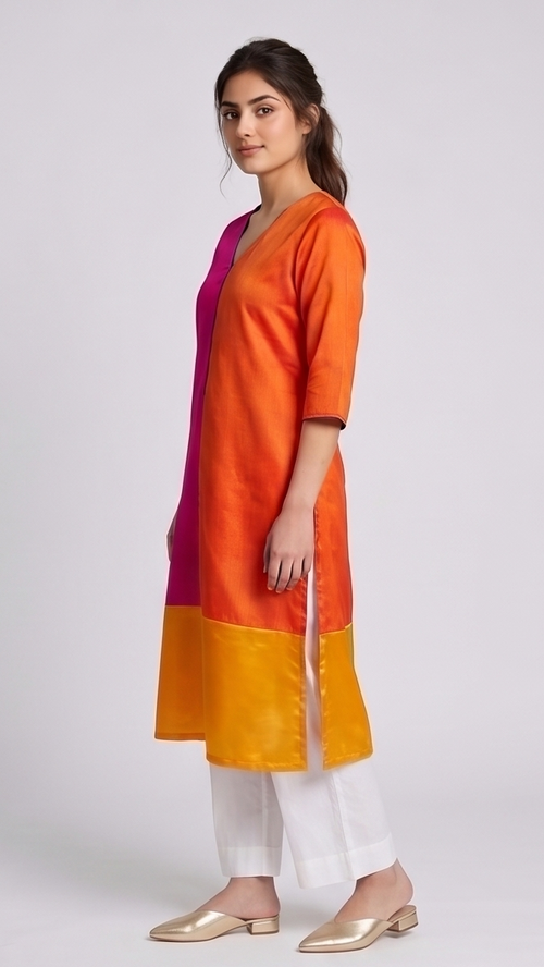 Woman wearing a colorful kurta with a plain background