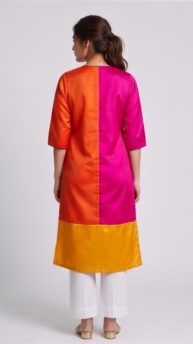 Woman wearing a colorful kurta with a white background