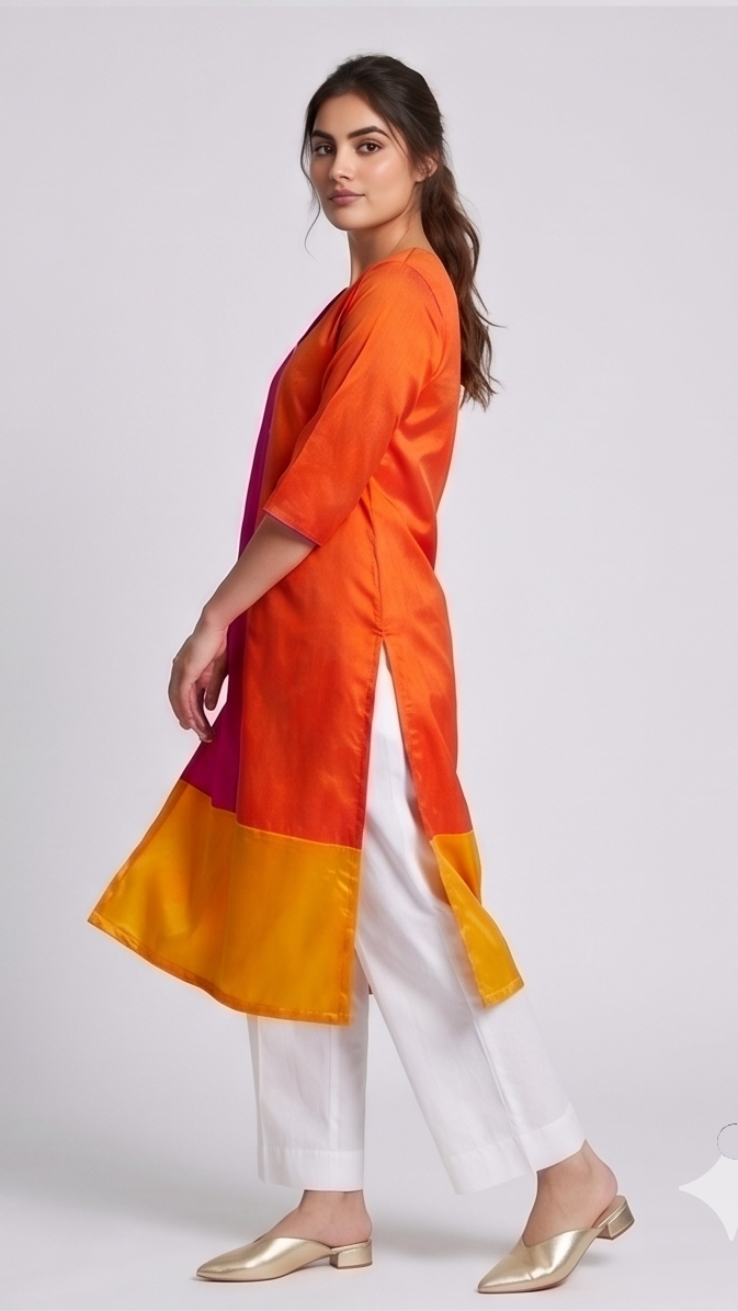 Woman wearing a colorful outfit with an orange and yellow top and white pants on a light gray background