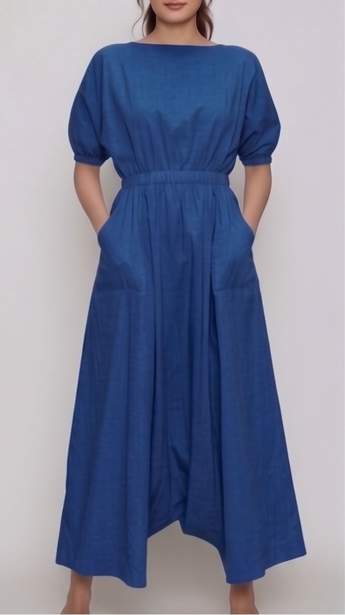 Woman wearing a blue dress