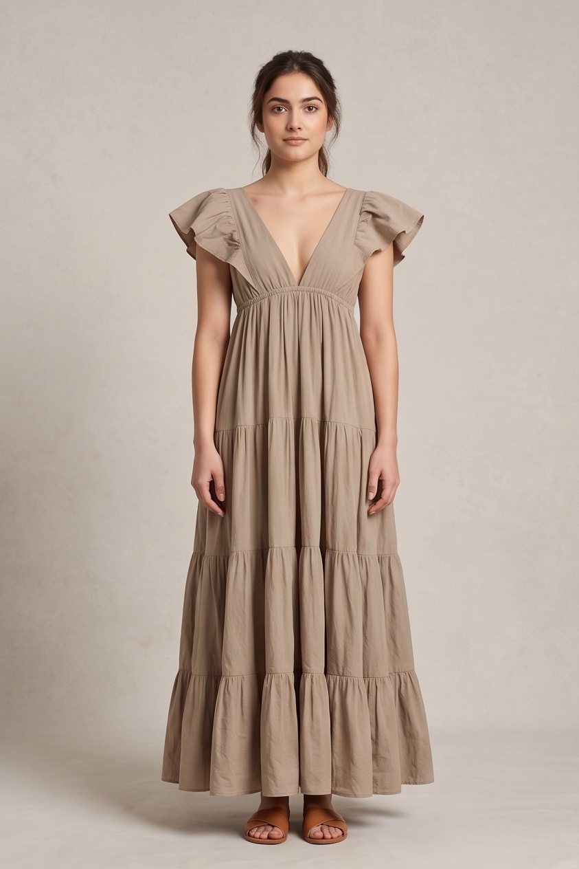 Earthy Beige Tiered V-Neck Maxi Dress with Flutter Sleeves