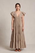 Earthy Beige Tiered V-Neck Maxi Dress with Flutter Sleeves