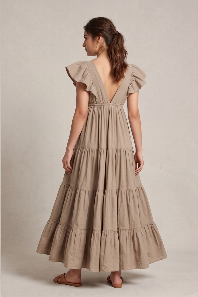 Earthy Beige Tiered V-Neck Maxi Dress with Flutter Sleeves