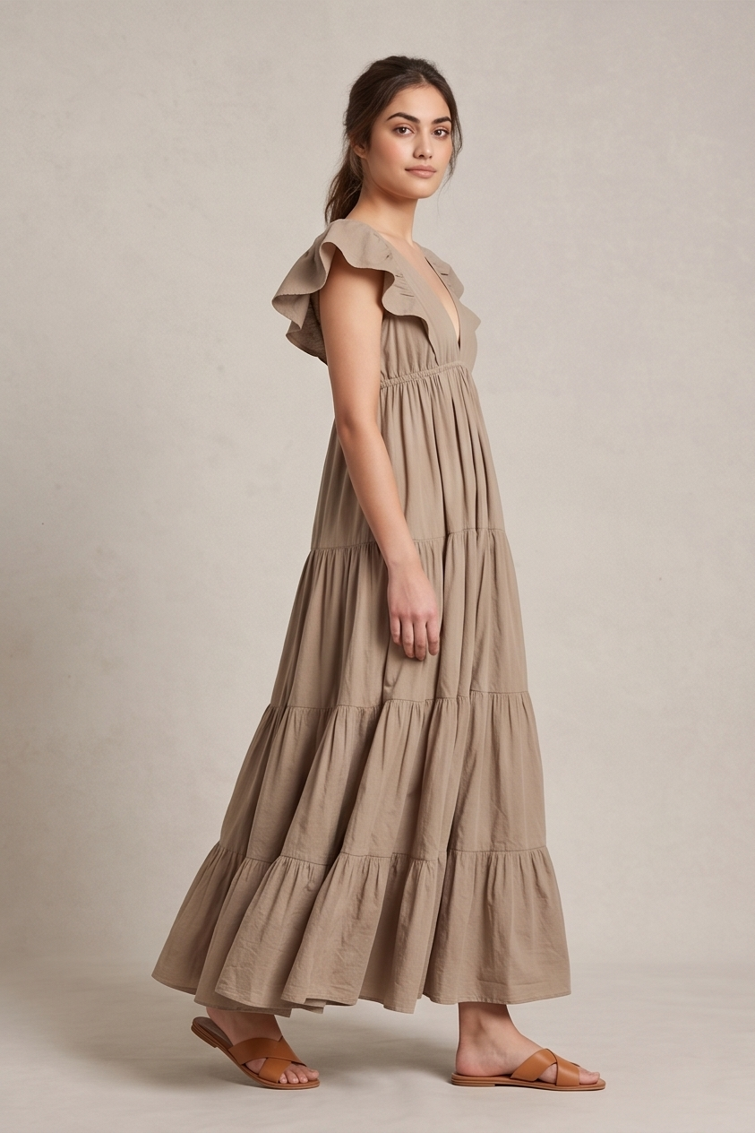 Earthy Beige Tiered V-Neck Maxi Dress with Flutter Sleeves