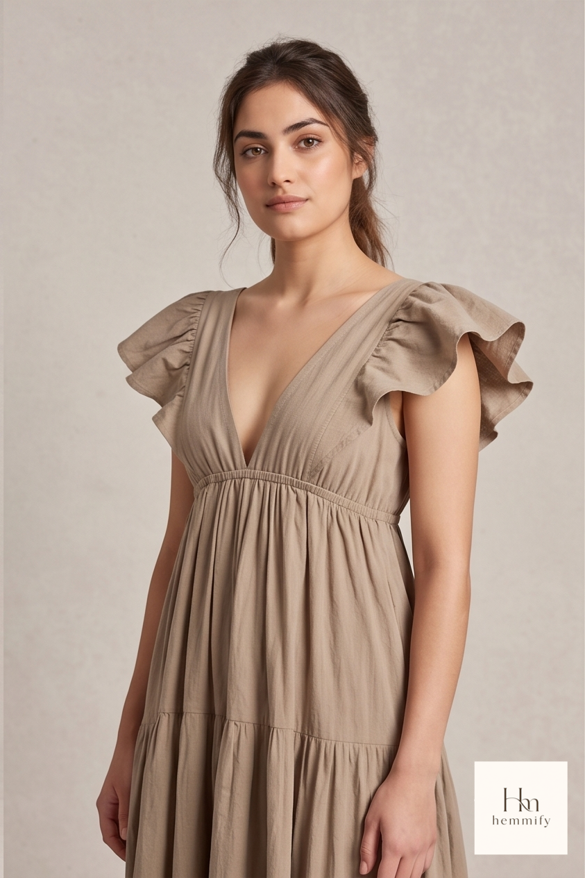 Earthy Beige Tiered V-Neck Maxi Dress with Flutter Sleeves