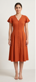 Elegant Rust Orange Flutter Sleeve Midi Dress