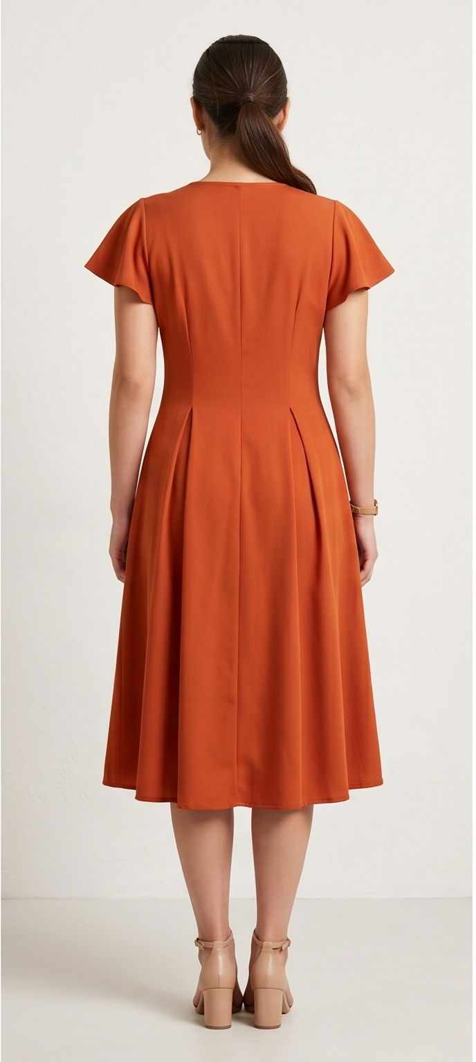 Elegant Rust Orange Flutter Sleeve Midi Dress