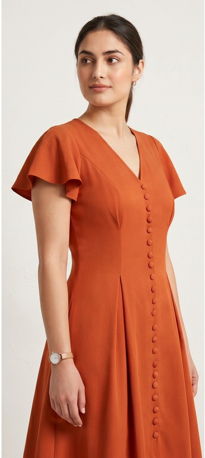 Elegant Rust Orange Flutter Sleeve Midi Dress