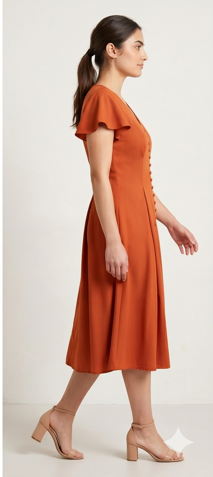 Elegant Rust Orange Flutter Sleeve Midi Dress