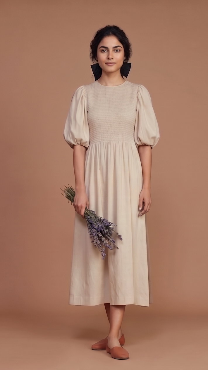 Woman wearing a beige dress holding lavender flowers against a brown background