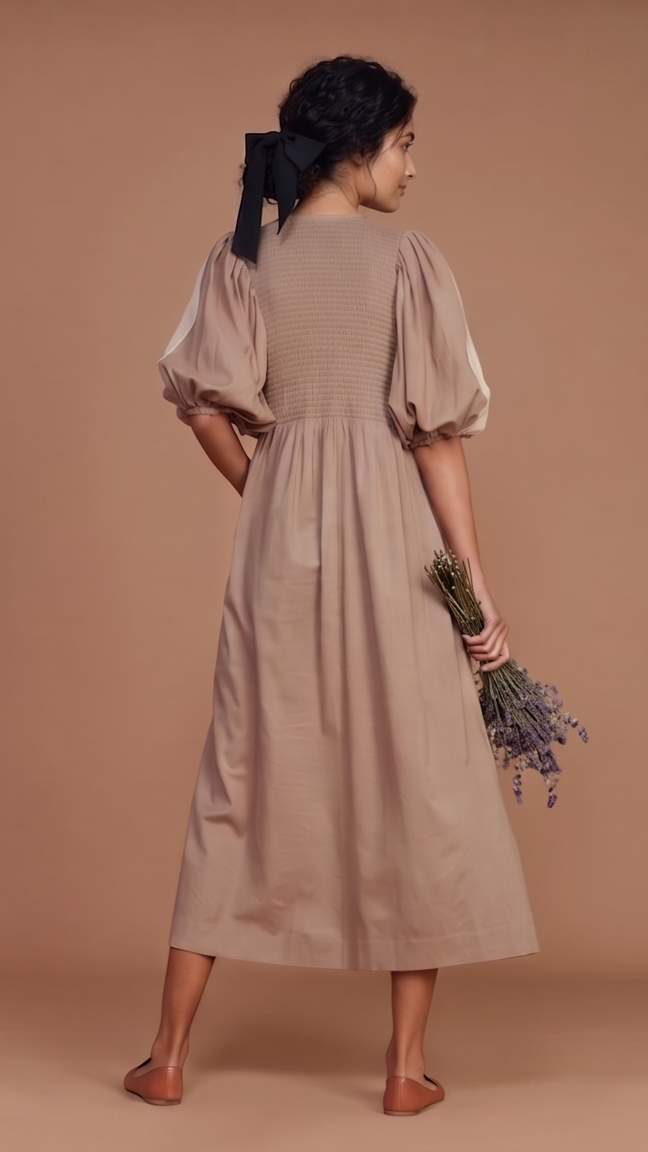 Woman in a beige dress holding flowers against a brown background