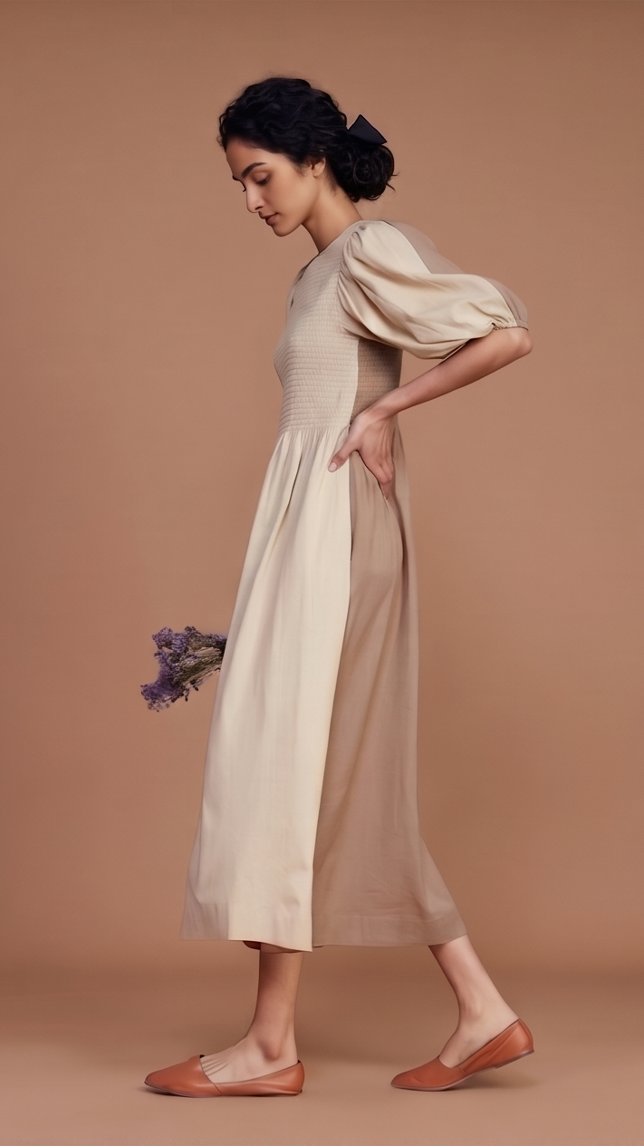 Woman wearing a beige dress against a brown background