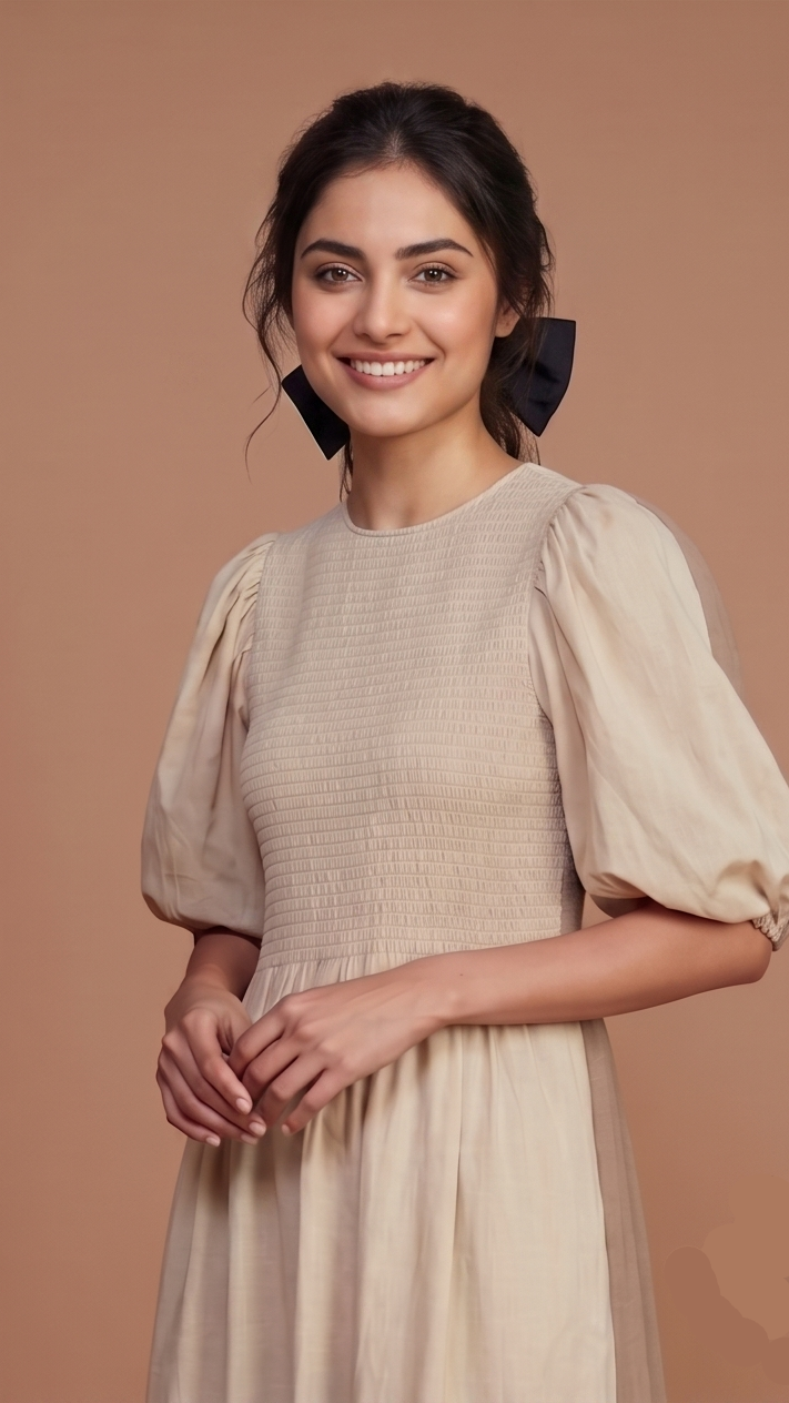 Woman wearing a beige dress with puffed sleeves against a brown background