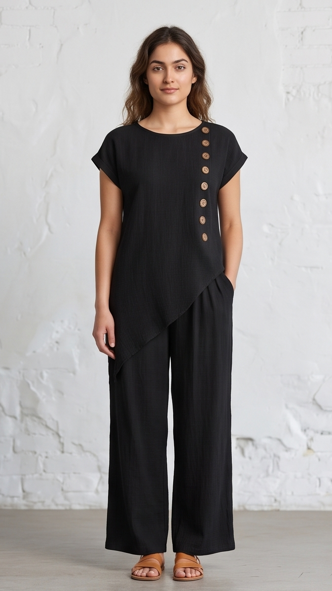 Women's Asymmetrical Button-Detail Top and Wide-Leg Pant Co-ord Set