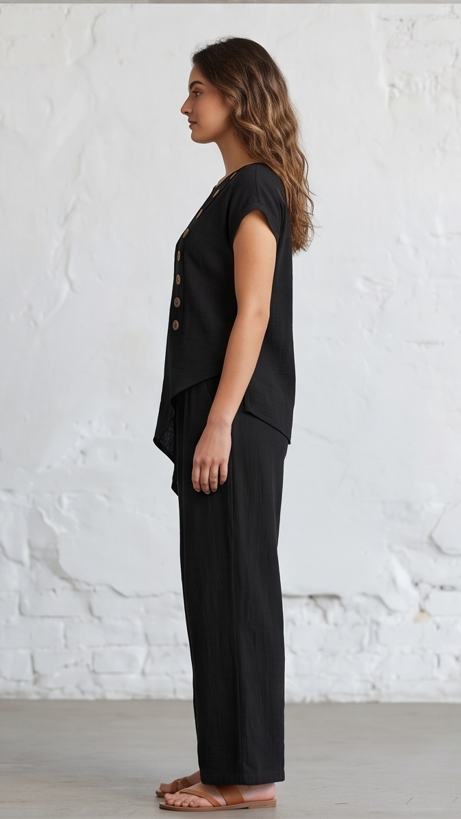 Women's Asymmetrical Button-Detail Top and Wide-Leg Pant Co-ord Set