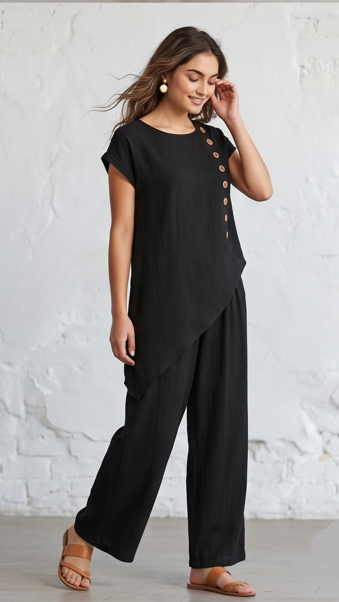 Women's Asymmetrical Button-Detail Top and Wide-Leg Pant Co-ord Set