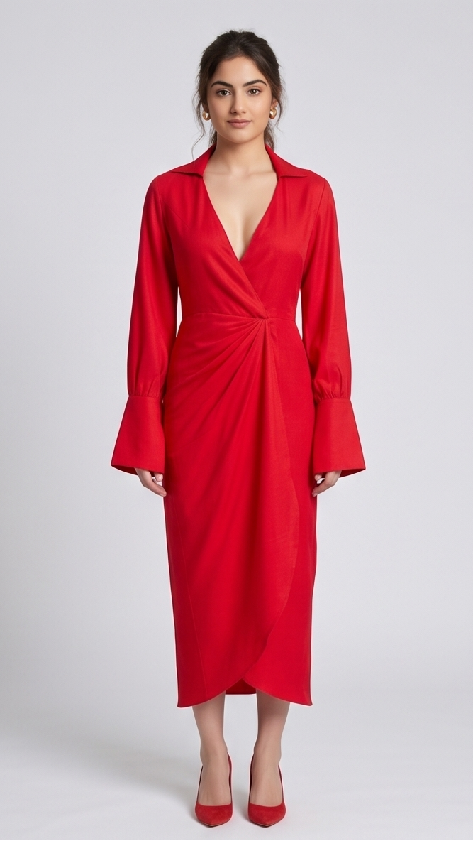 Woman wearing a red dress on a white background