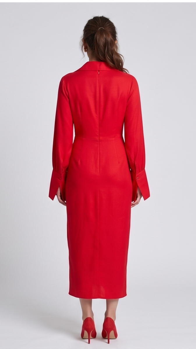 Red dress worn by a person on a white background